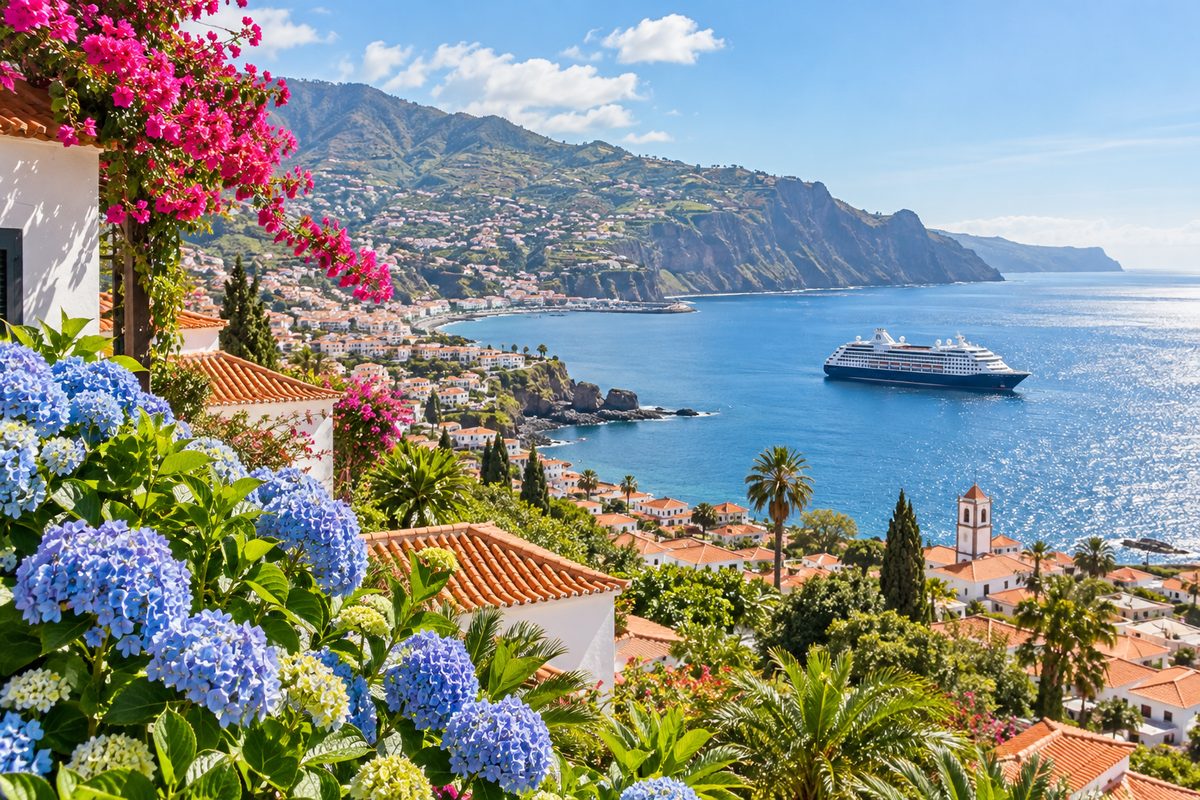 A small white ship anchored in the bay of Funchal, Madeira, below flowering gardens